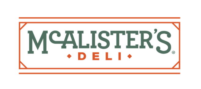 McAlister's Deli logo with green text and a red-brown border on a white background.