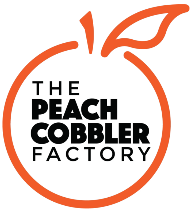 Peach Cobbler Factory logo, orange outline of a peach with a stem, black text.