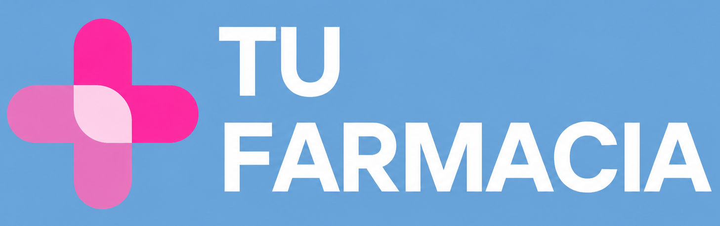 Logotipo de TU FARMACIA con una cruz rosa sobre un fondo azul claro.