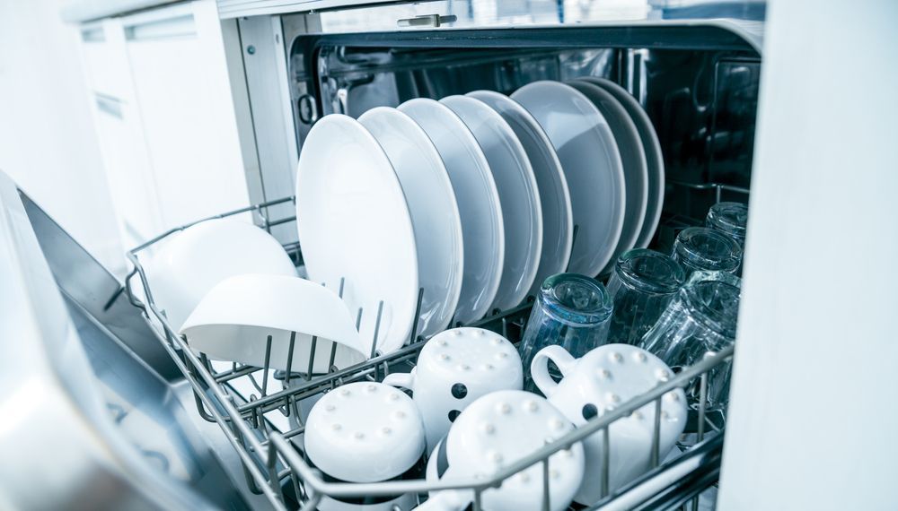 Dishwasher Rack Loaded With White Plates — Eurocoast Appliance Service In Tuggerah, NSW