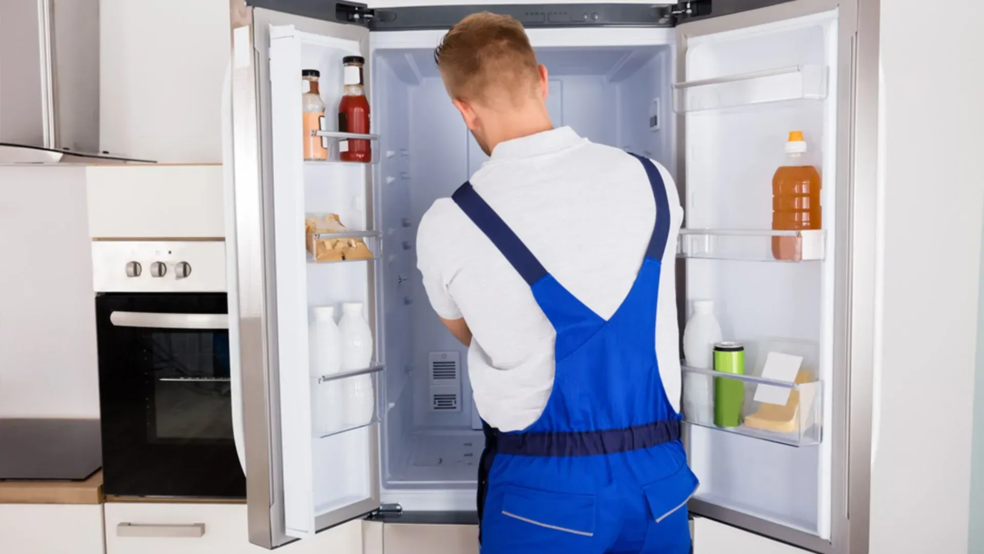 Person Inspects the Inside of an Open Refrigerator in a Kitchen — Eurocoast Appliance Service In Morisset, NSW