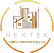 Logo for Nextek Construction Service: buildings in shades of brown, with a partial orange arc, and text.