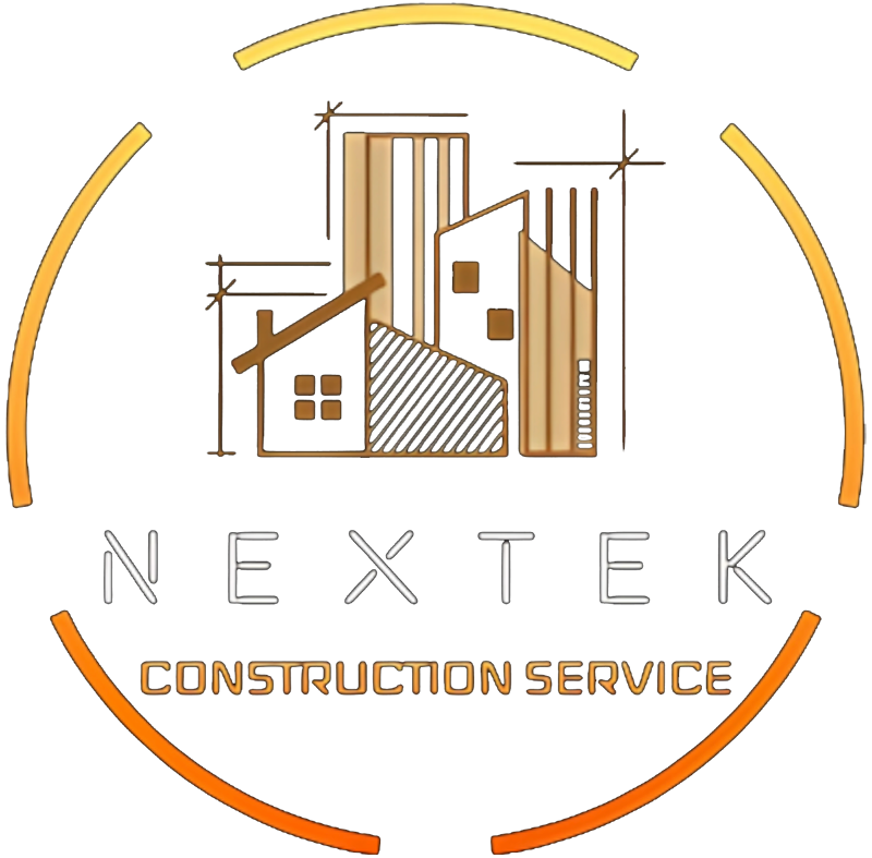 Logo for Nextek Construction Service: buildings in shades of brown, with a partial orange arc, and text.