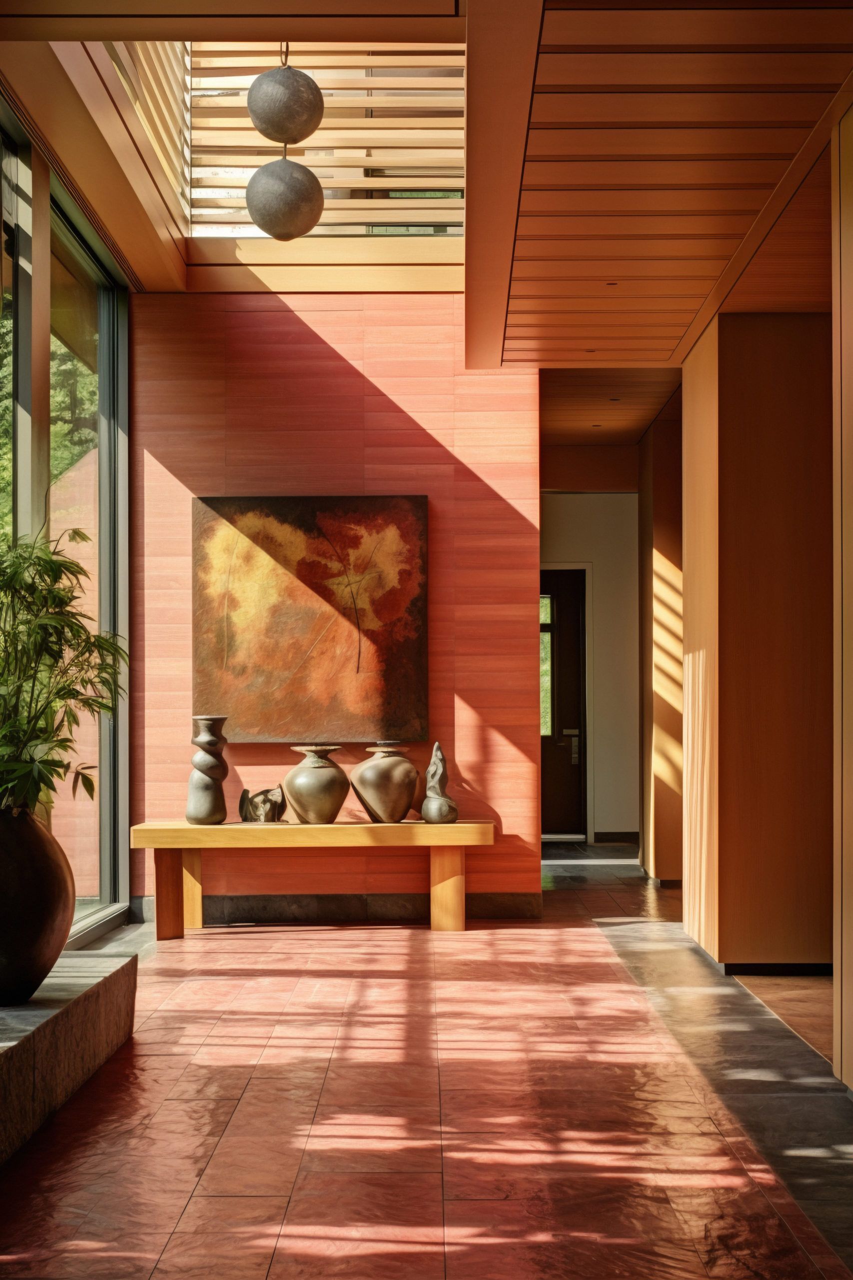 Sunlit terracotta-toned entryway with wooden bench, art, and pendant lights.