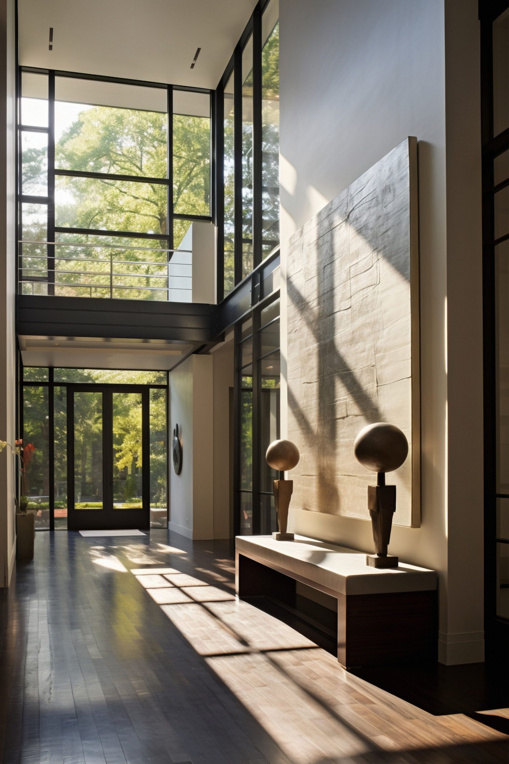 Sunlit modern entryway with dark wood floor, large windows, and art.