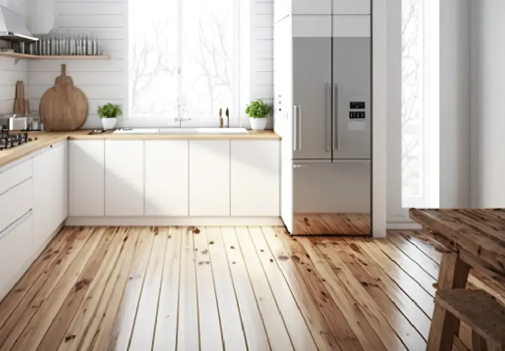Bright, modern kitchen with white cabinets, stainless steel refrigerator, and wood floor.