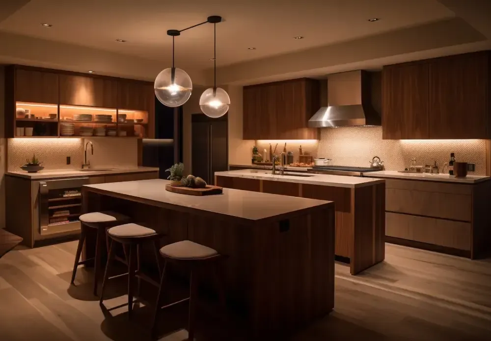 Warm-lit modern kitchen with wooden cabinets, island with stools, and pendant lights.