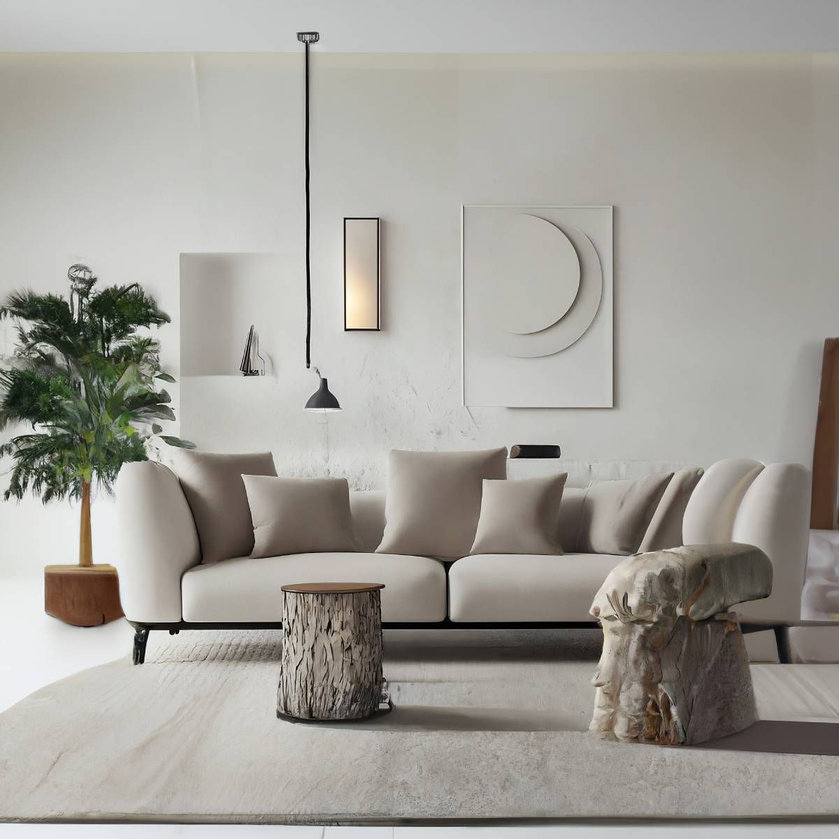 A modern living room with a beige sofa, side tables, artwork, and a rug.