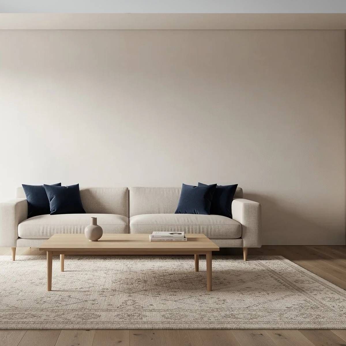 Living room with beige sofa, blue pillows, wooden coffee table, and rug.