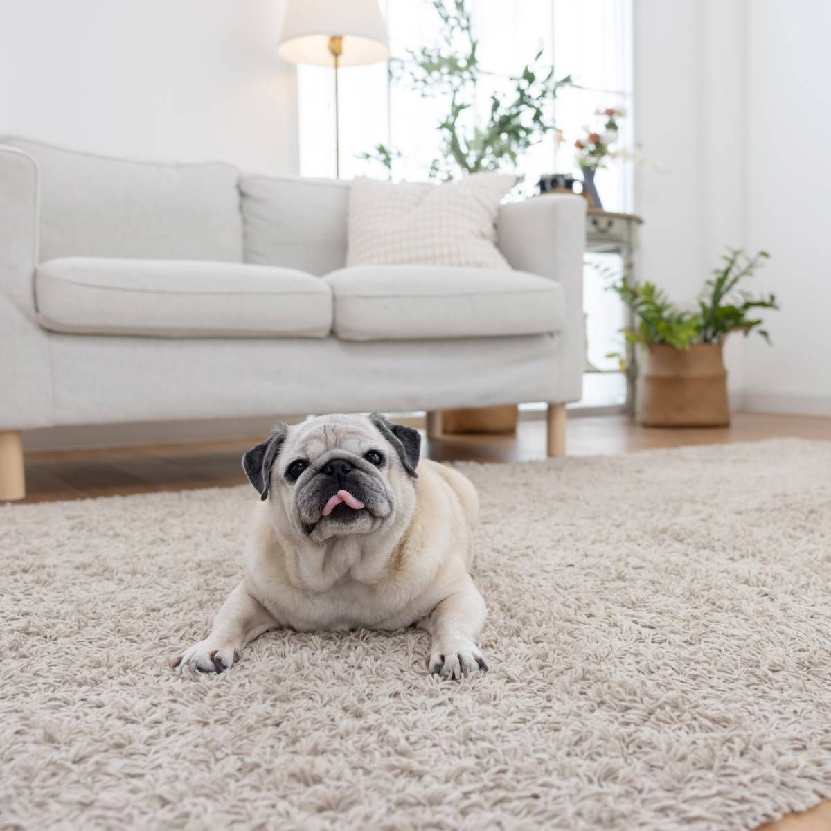 Pug laying on a beige rug, tongue out, in a living room with a couch and plants.