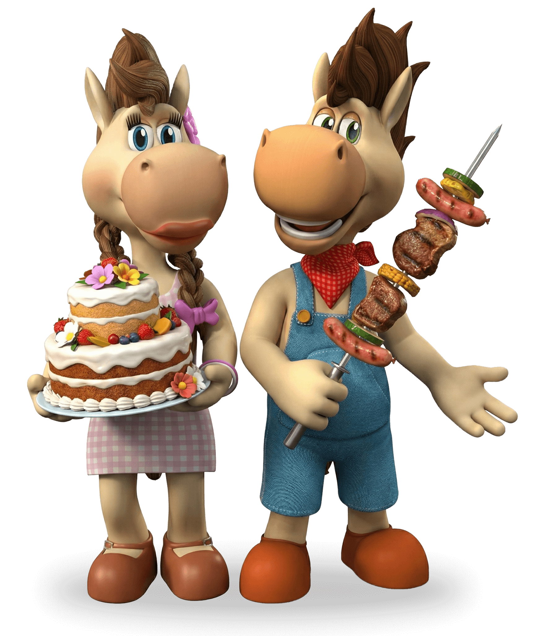 Dois personagens de desenho animado representando cavalos, um segurando um bolo e o outro um espeto de comida grelhada.