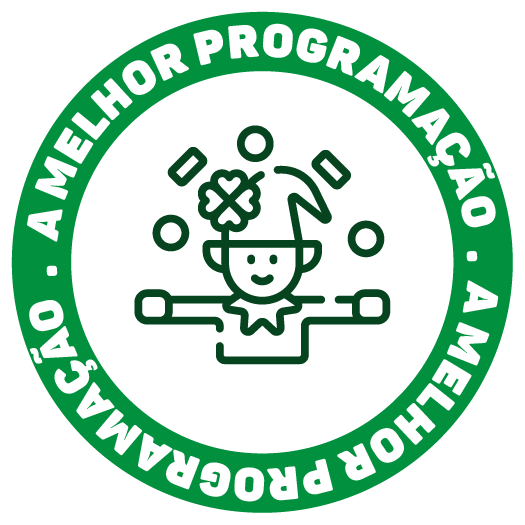 Logotipo circular verde com texto em português em torno de uma figura infantil segurando uma barra de halteres e peças de quebra-cabeça acima da cabeça.