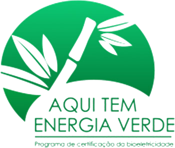 Green circular logo with leaves and stem, reading “AQUI TEM ENERGIA VERDE” and “Programa de certificação da biodiversidade”.