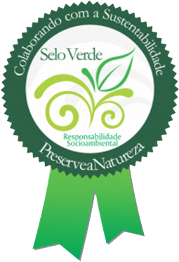Green environmental ribbon logo with leaves and the words “Solo Verde” and “Colaborando com a Sustentabilidade”