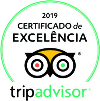 Selo de Certificado de Excelência do TripAdvisor 2019 com o logotipo da coruja nas cores verde, amarelo, preto, vermelho e verde.