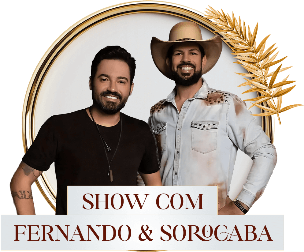 Pôster da Show com Fernando & Sorocaba com dois homens sorridentes e decoração de trigo dourado.