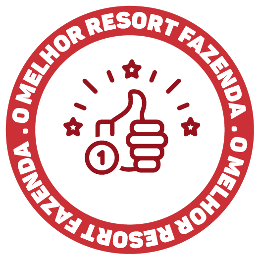 Emblema circular vermelho com ícone de polegar para cima e a inscrição “O MELHOR RESORT FAZENDA” na borda.