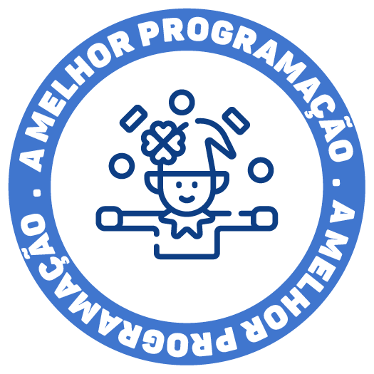 Blue circular logo with Portuguese text “A melhor programação” around a stylized programmer icon.