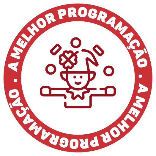 Circular red-and-white “A Melhor Programação” logo with a smiling programmer icon in the center