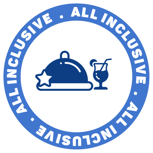 Logotipo circular azul com tudo incluído, com ícones de travessa com tampa e taça de coquetel.