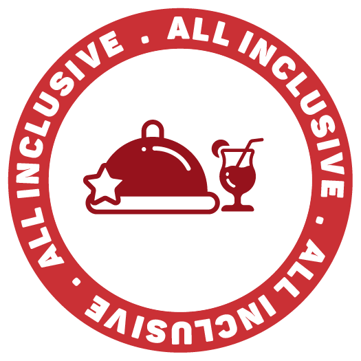 Distintivo circular vermelho com tudo incluído, com ícones de cloche e coquetel sobre fundo branco.