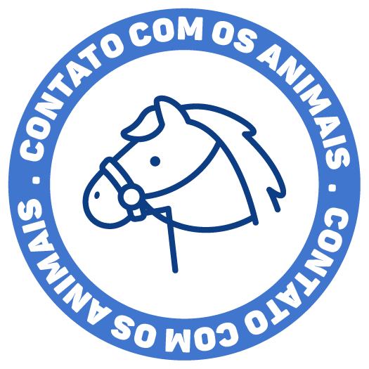 Logotipo circular azul com cabeça de cavalo branca e o texto “CONTATO COM OS ANIMAIS” ao redor.