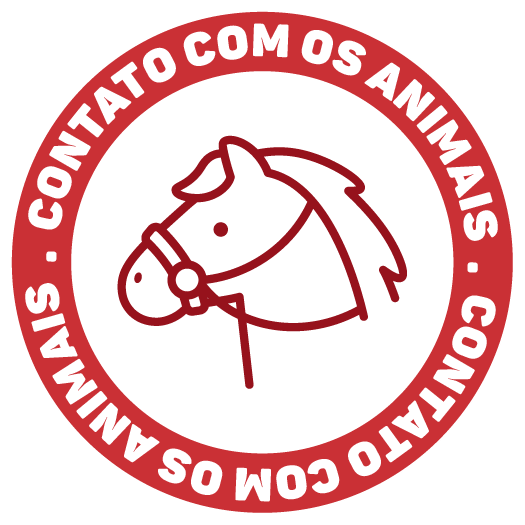 Red circular logo with white center and red horse outline; text reads “Contato com os Animais.”