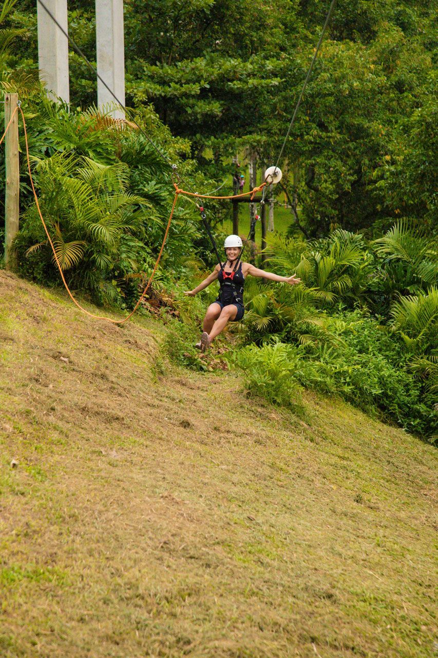 Pessoa de capacete deslizando em uma tirolesa sobre uma encosta gramada cercada por densas árvores verdes.