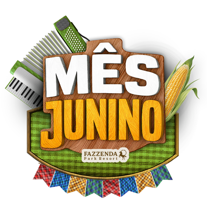 Logotipo do festival MES JUNINO em branco e laranja com detalhes em verde e decoração temática de milho.