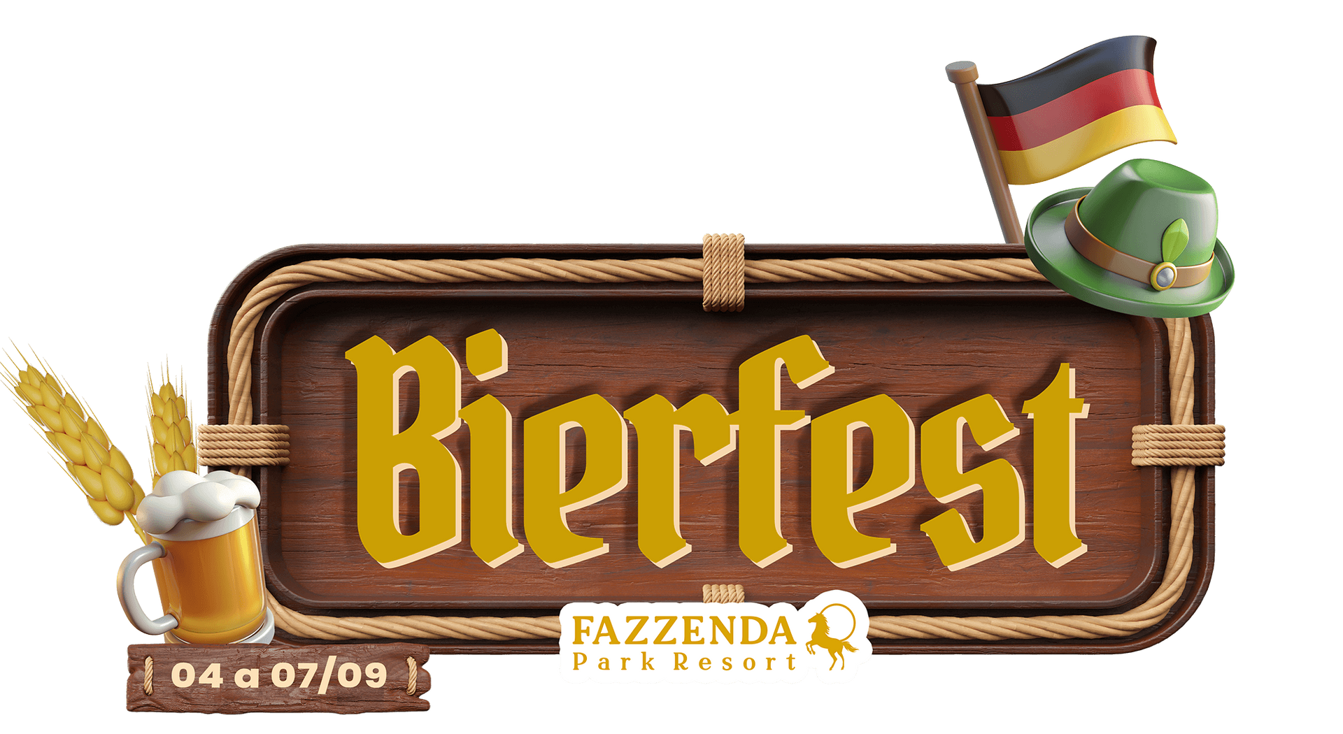 Logotipo do Beerfest em uma placa de madeira com uma bandeira alemã, caneca de cerveja, trigo e chapéu verde.