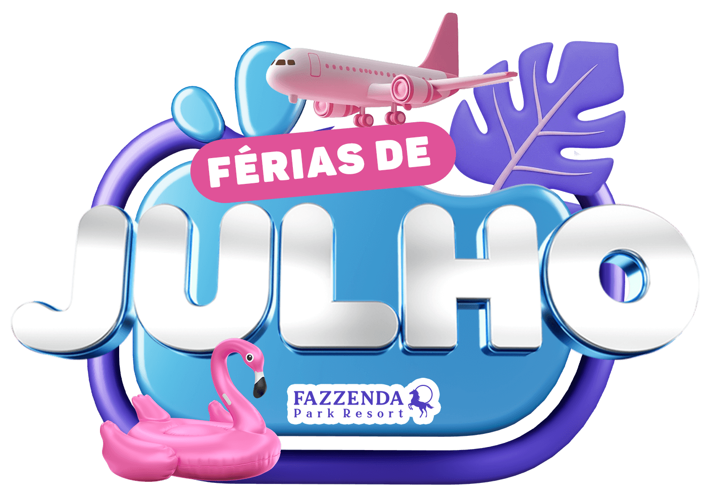 Férias de julho em letras brancas e rosa em fundo azul com elementos de praia e logo da Fazenda Pátio Home Center