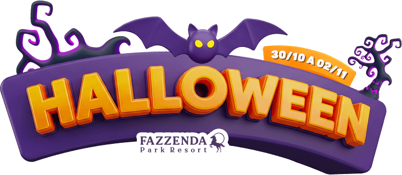 Banner de Halloween com morcego roxo, letras laranja e logotipo da Fazzenda em fundo branco.