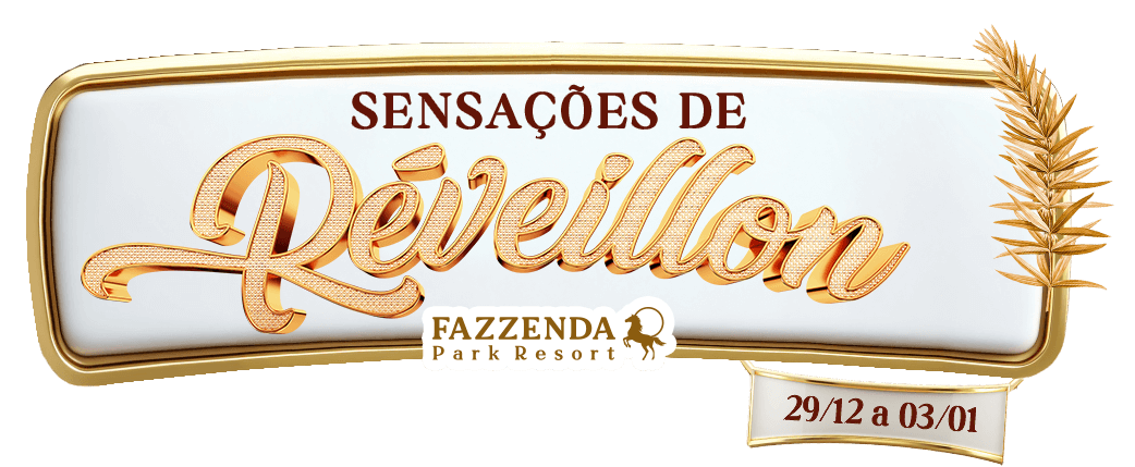 Logo dourado “Sensações de Reveillon” com ramo de trigo e data 31/12 a 03/01