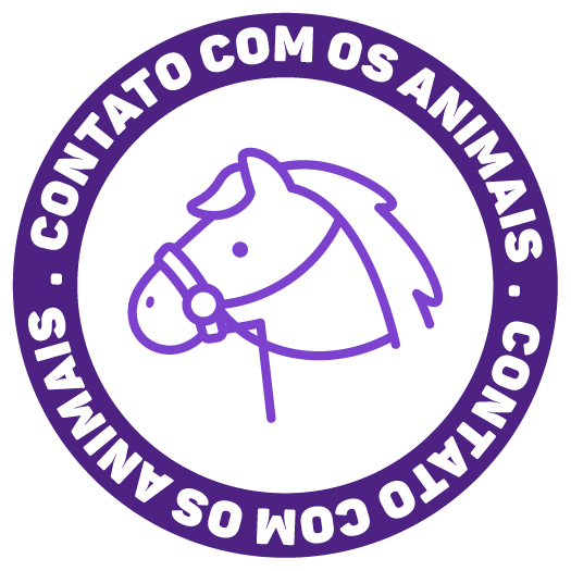 Logotipo circular roxo com cabeça de cavalo e a inscrição “Contato com os animais” ao redor da borda.