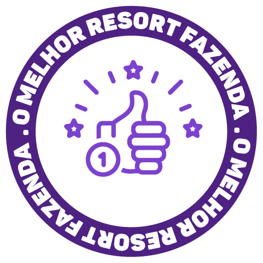 Emblema circular roxo com ícones de polegar para cima e estrela, com a inscrição “O MELHOR RESORT FAZENDA” na borda.