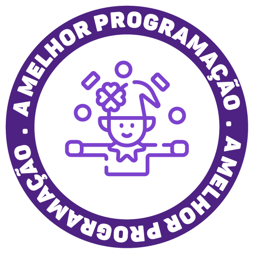 Purple circular logo with a smiling programmer icon and the text “A MELHOR PROGRAMAÇÃO” around the border