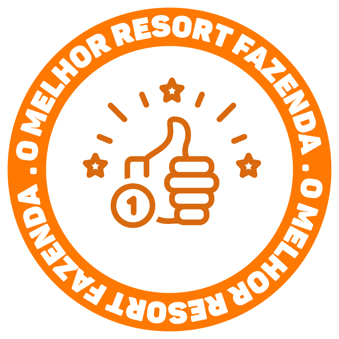 Emblema circular roxo com ícone de polegar para cima e a inscrição “O Melhor Resort Fazenda” na borda.