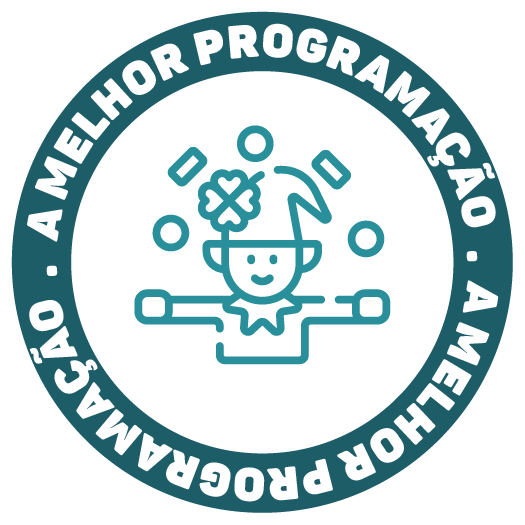 Circular purple logo with a stylized person in a graduation cap and the text “A melhor programação • A melhor programação”