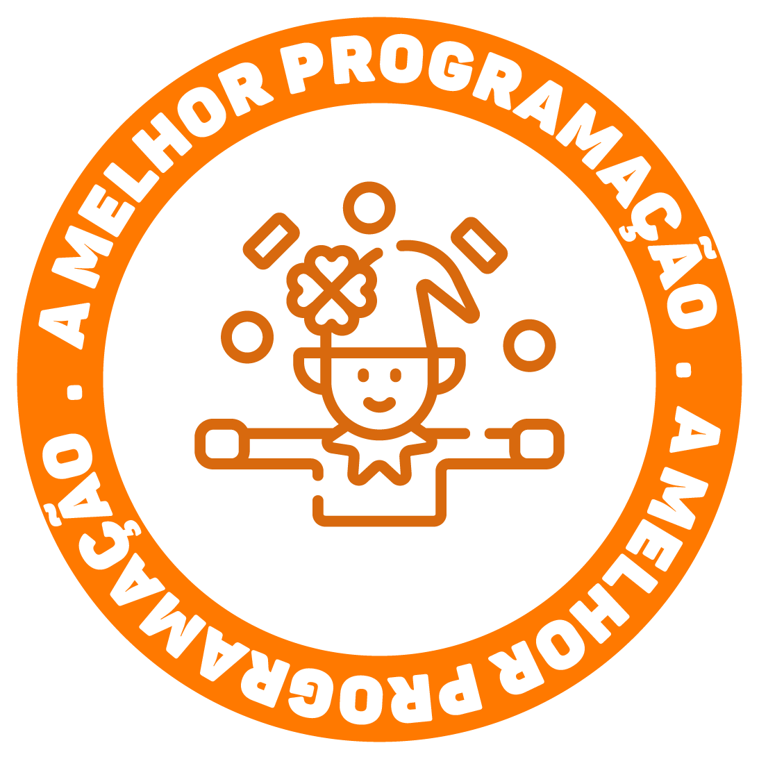 Circular purple logo with a stylized person in a graduation cap and the text “A melhor programação • A melhor programação”