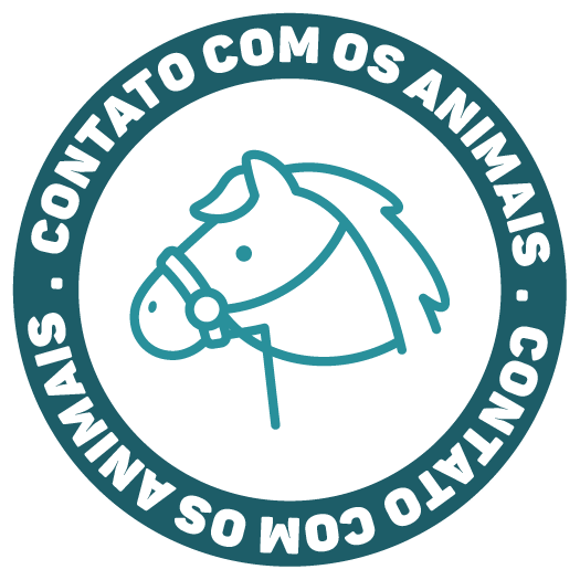 Logotipo circular roxo com uma cabeça de cavalo e o texto “Contato com os animais” ao redor.