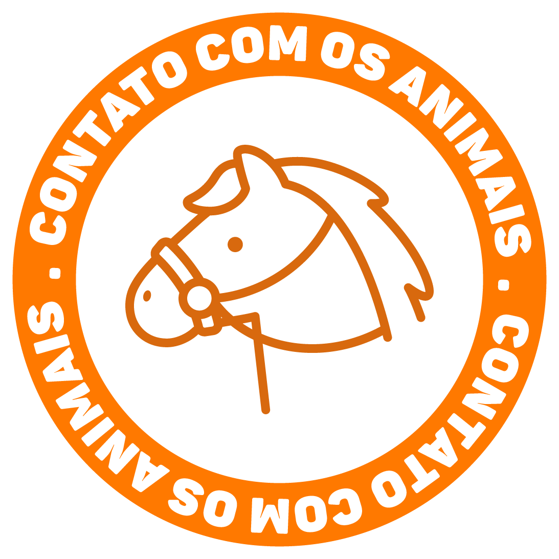 Logotipo circular roxo com uma cabeça de cavalo e o texto “Contato com os animais” ao redor.