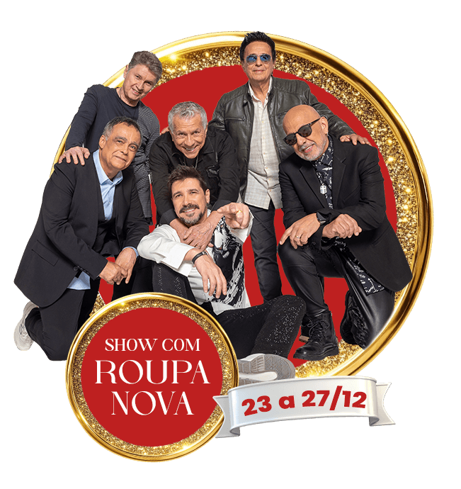 Cartaz promocional do desfile “Show com Roupa Nova” com cinco homens e as datas 23 a 27/12 em fundo vermelho e dourado.