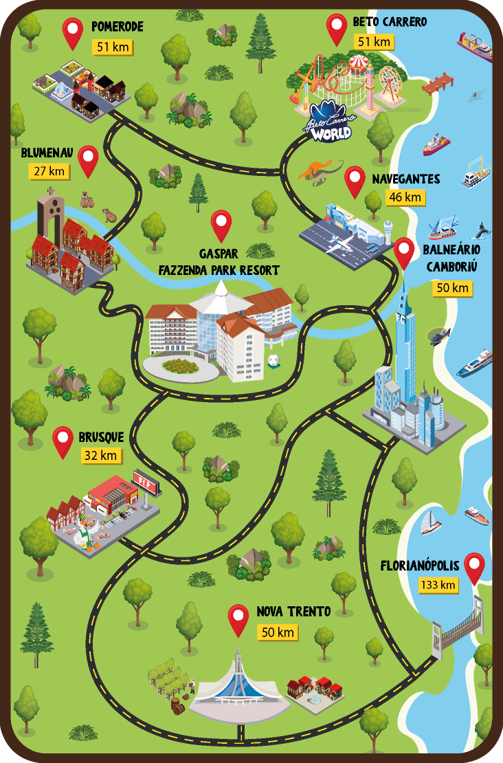 Mapa colorido e ilustrado do parque com estradas, rio, árvores, edifícios e marcadores de localização com etiquetas em chinês.
