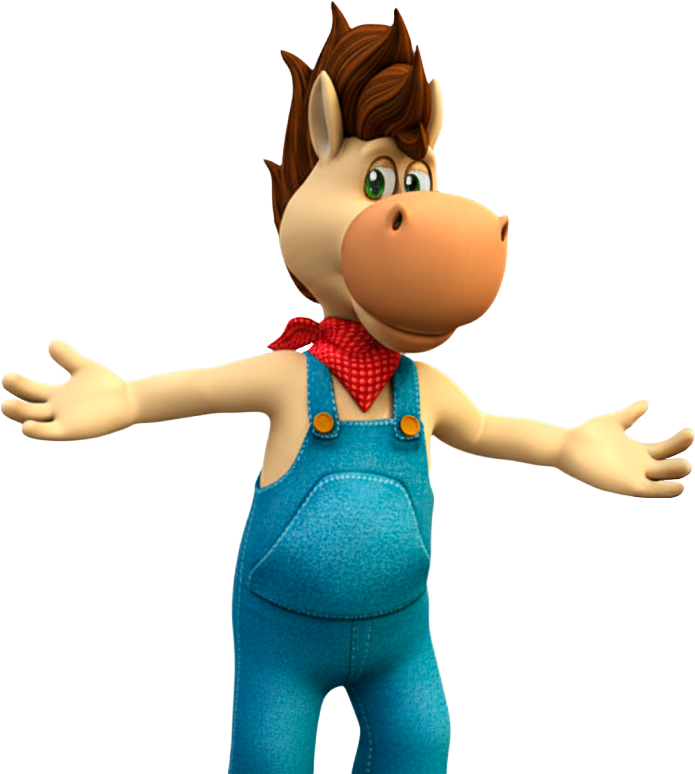 Personagem de cavalo de desenho animado com macacão azul e bandana vermelha, em pé com os braços estendidos sobre um fundo branco.
