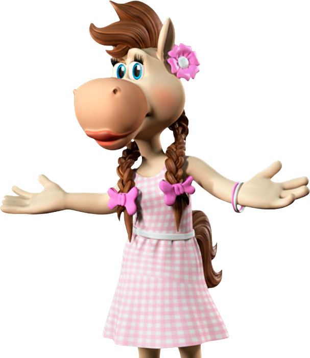 Menina de desenho animado com cabelo trançado, flor rosa e vestido xadrez rosa, braços estendidos.