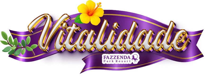 Logotipo em forma de fita roxa com a palavra “Vitalidade”, folhas verdes, uma flor amarela e o texto “Fazenda”.