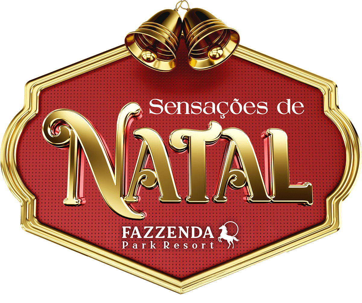 Logo dourado e vermelho “Sensações de Natal” com sinos e “Fazenda Park Resort” em destaque.