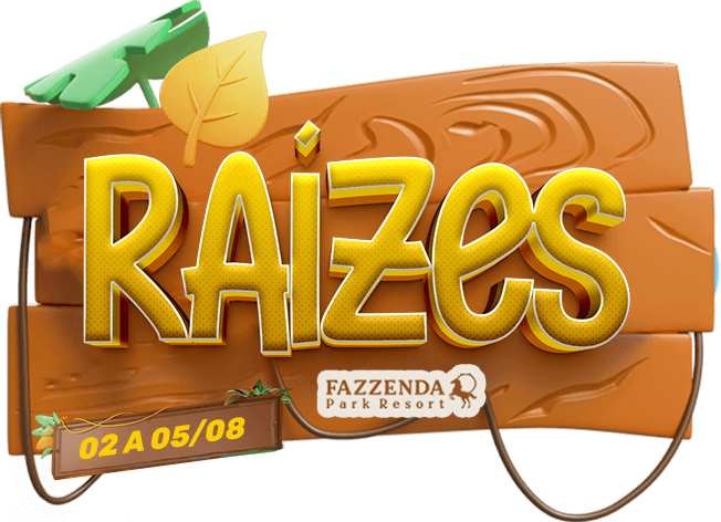 Logotipo “RAIZES” em dourado sobre uma placa de madeira, com folhas verdes e a marca “Fazenda” sobre um fundo claro.