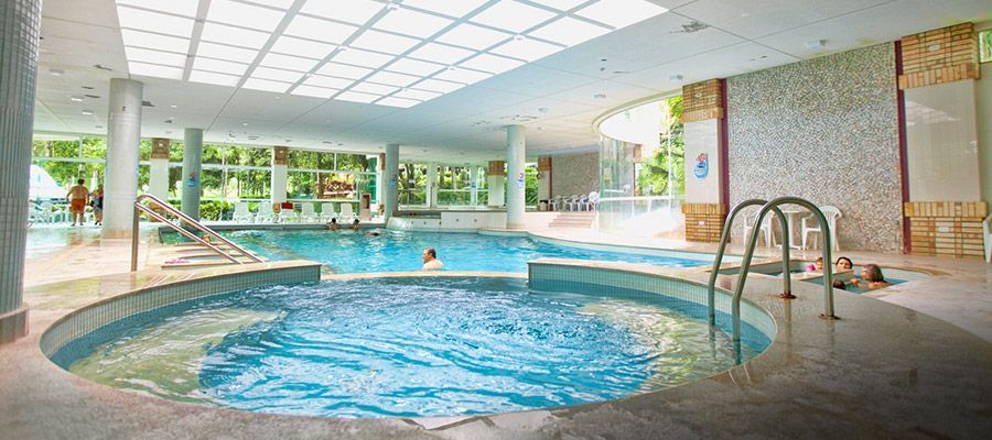 Área de piscina coberta com banheira de hidromassagem circular, água azul e grandes janelas com vista para a vegetação.