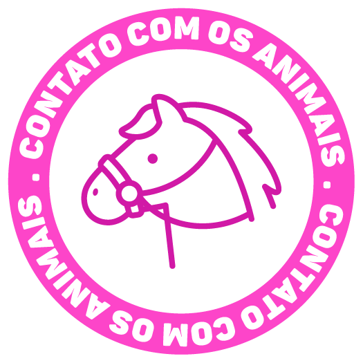 Pink circular “Contato com os animais” logo with a horse head icon in the center